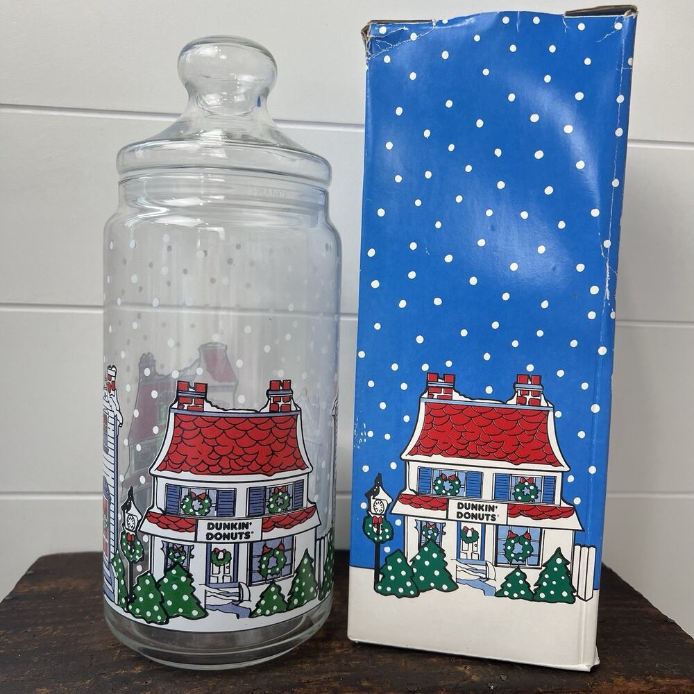 Dunkin' Donuts Vintage Christmas Glass Cookie Canister w/ Lid Original Box 1992